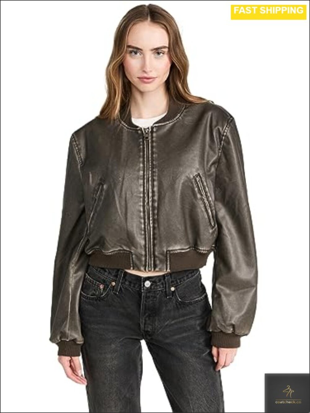 Faux Leather Bomber Jacket Zip Front Ribbed Trim Casual